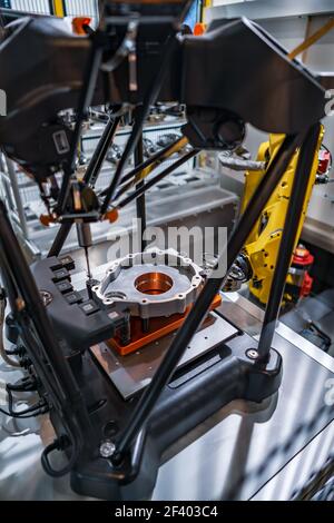 Metalworking CNC milling machine. Automated production cell meas. Metalworking CNC milling machine. Cutting metal modern processing technology. Warning - authentic shooting in challenging conditions. Automated production cell Quality control measurement probe. Stock Photo