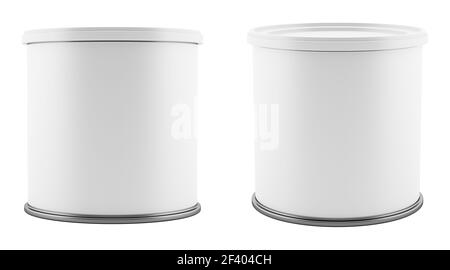 blank metal tin can with white plastic lid isolated on white background. 3d illustration Stock Photo