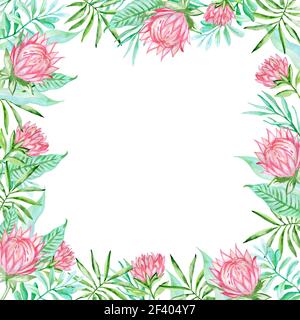Watercolor summer floral frame with pink tropical flowers and green palm leaves on a white background. Watercolor tropical background with flowers Stock Photo