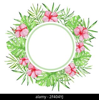 Watercolor tropical floral round banner with red hibiscus flowers and green palm leaves on a white background. Watercolor tropical floral round banner with red flowers Stock Photo