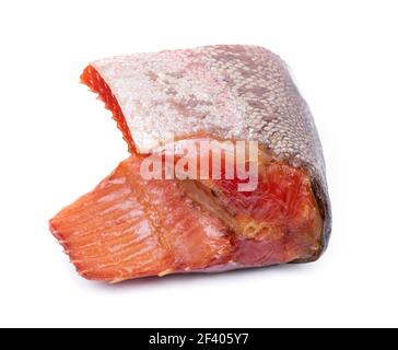 Big piece of Raw cut salmon fish Isolated on white background, top view ...