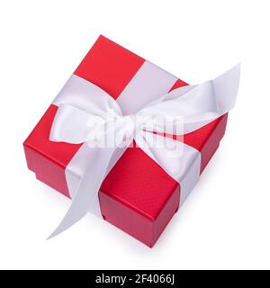 Small red gift box with ribbon isolated on white background Stock Photo