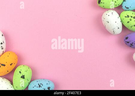 Easter flat lay and top view workspace and workplace concept with colorful eggs, copy space and top view photo Stock Photo