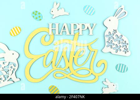 Happy Easter poster and greeting card concept with text, holiday and festive background photo Stock Photo