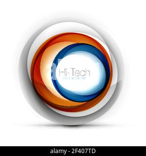 Digital techno sphere web banner, button or icon with text. Glossy swirl color abstract circle design, hi-tech futuristic symbol with color rings and grey metallic element. Digital techno sphere web banner, button or icon with text. Glossy swirl color abstract circle design, hi-tech futuristic symbol with color rings and grey metallic element. Vector illustration Stock Vector