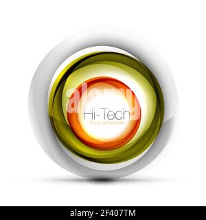 Digital techno sphere web banner, button or icon with text. Glossy swirl color abstract circle design, hi-tech futuristic symbol with color rings and grey metallic element. Digital techno sphere web banner, button or icon with text. Glossy swirl color abstract circle design, hi-tech futuristic symbol with color rings and grey metallic element. Vector illustration Stock Vector