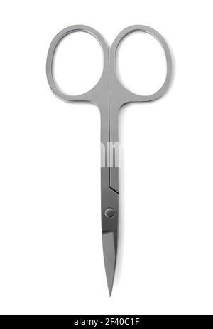 Overhead view of pair of nail scissors isloated on white background Stock Photo