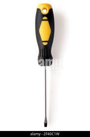 Overhead view of a flat headed screwdriver isolated on white background Stock Photo