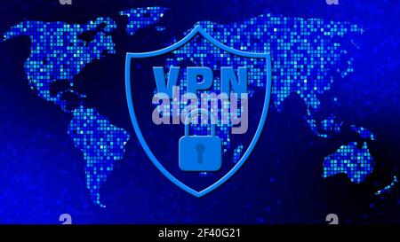 VPN blue logo in shield with padlock on world map over mosaic background in blue design - cyber security concept of Virtual Private Network Stock Photo