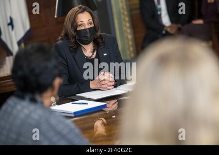 US Vice President Kamala Harris meets with labor leaders in the Vice President's Ceremonial Office in the Eisenhower Executive Office Building in Washington, DC, USA, 18 March 2021. To mark WomenâÂ€Â™s History Month and passage of the American Rescue Plan Vice President Harris met with Randi Weingarten from the American Federation of Teachers, Liz Schuler from the American Federation of Labor and Congress of Industrial Organizations, Becky Pringle, from the National Education Association, Teresa Romero from United Farm Workers, Cindy Estrada from United Auto Workers, Mary Kay Henry from Servic Stock Photo