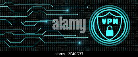 VPN logo in shield with padlock - information connecting lines on digital binary code background - cyber security concept of Virtual Private Network Stock Photo