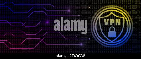 VPN logo in shield with padlock - information connecting lines on digital binary code background - cyber security concept of Virtual Private Network Stock Photo