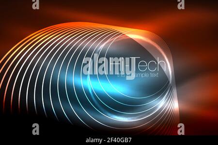 Circular glowing neon shapes, techno background. Abstract shiny transparent circles on dark technology space. Circular glowing neon shapes, techno background. Abstract shiny transparent circles on dark technology space. Glowing neon circles, techno digital background Stock Vector