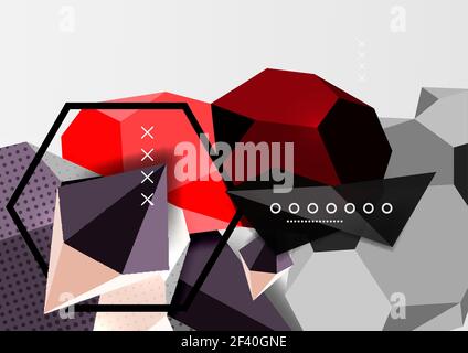 Color 3d geometric composition poster. Color 3d geometric composition poster. Vector illustration of colorful triangles, pyramids, hexagons and other shapes on grey background Stock Vector