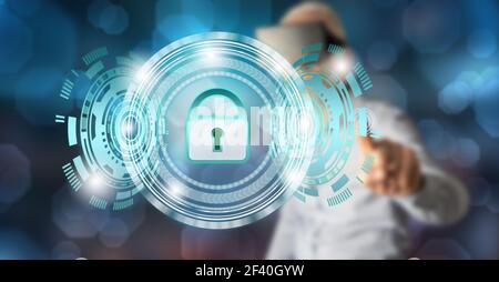 Man with vr headset touching a data security concept on a touch screen with his finger Stock Photo
