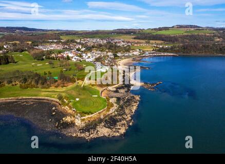 Aerial view of Aberdour golf club and the town of Aberdour on the Fife coast, Scotland, UK