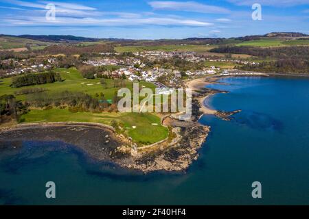 Aerial view of Aberdour golf club and the town of Aberdour on the Fife coast, Scotland, UK