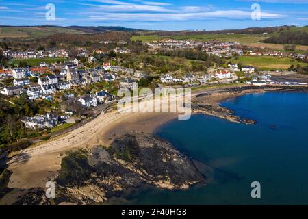 Aerial view of Aberdour and Black Sands Beach, Fife, Scotland. Stock Photo