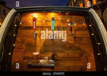 Pub on wheels, a van that serves draft beer and a selection of alcoholic drinks to the door, drop-off service which has become popular during lockdown.