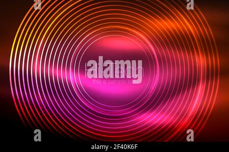 Circular glowing neon shapes, techno background. Abstract shiny transparent circles on dark technology space. Circular glowing neon shapes, techno background. Abstract shiny transparent circles on dark technology space. Glowing neon circles, techno digital background Stock Vector