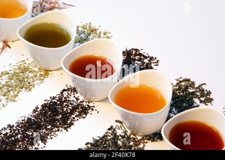 Selection of different types of loose tea brewed in small cups Stock Photo