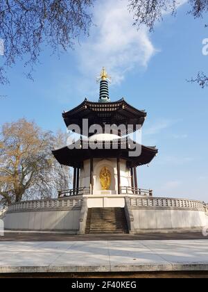 Japanese Buddhist Peace Pagoda temple in Battersea Park by the river Thames, London, UK. Peace Pagoda temple in Battersea Park by the river Thames, London, UK Stock Photo