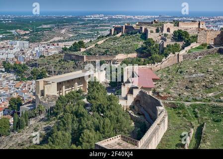 Roman theater and castle on the mountain in the background of the city of Sagunto in the province of Valencia, Spain, Europe Stock Photo