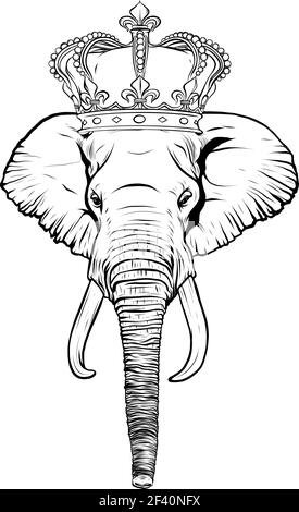 draw in black and white of head elephant with crown vector illustration Stock Vector
