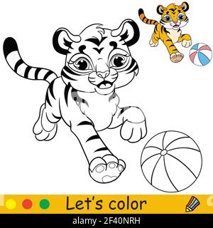 Cute tiger with ball. Cartoon character tiger. Coloring book page with colorful template. Vector contour isolated illustration. For coloring book, pre Stock Vector