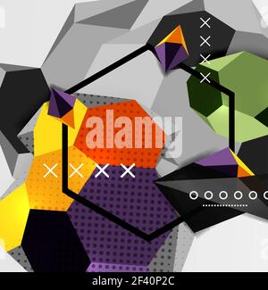 Color 3d geometric composition poster. Color 3d geometric composition poster. Vector illustration of colorful triangles, pyramids, hexagons and other shapes on grey background Stock Vector