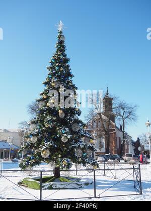 Christmas tree in town square Piaseczno, Poland Stock Photo