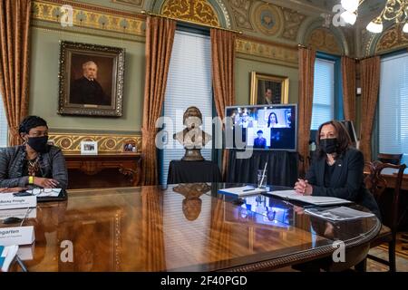 US Vice President Kamala Harris meets with labor leaders in the Vice President's Ceremonial Office in the Eisenhower Executive Office Building in Washington, DC, USA, 18 March 2021. To mark Women’s History Month and passage of the American Rescue Plan Vice President Harris met with Randi Weingarten from the American Federation of Teachers, Liz Schuler from the American Federation of Labor and Congress of Industrial Organizations, Becky Pringle, from the National Education Association, Teresa Romero from United Farm Workers, Cindy Estrada from United Auto Workers, Mary Kay Henry from Service Em Stock Photo