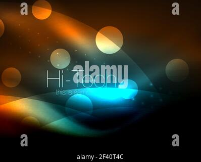 Neon wave background with light effects, curvy lines with glittering and shiny dots, glowing colors in darkness, magic energy. Neon wave background with light effects, curvy lines with glittering and shiny dots, glowing colors in darkness, vector magic energy illustration Stock Vector