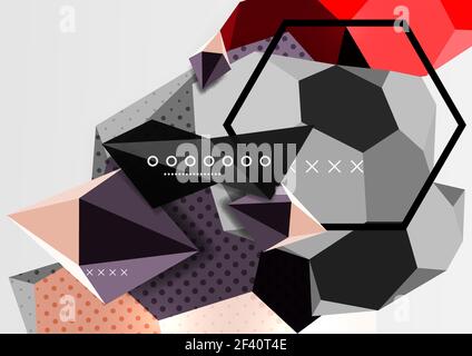 Color 3d geometric composition poster. Color 3d geometric composition poster. Vector illustration of colorful triangles, pyramids, hexagons and other shapes on grey background Stock Vector