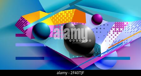 Abstract geometric poster created with polygonal triangle elements, lines, spheres, material textures, holographic elements. Abstract geometric poster created with polygonal triangle elements, lines, spheres, material textures, holographic elements. Vector modern abstract background Stock Vector