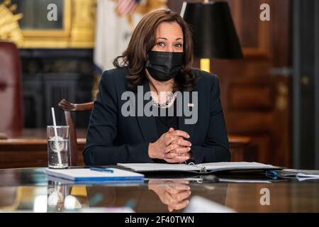 US Vice President Kamala Harris meets with labor leaders in the Vice President's Ceremonial Office in the Eisenhower Executive Office Building in Washington, DC, USA, 18 March 2021. To mark Women's History Month and passage of the American Rescue Plan Vice President Harris met with Randi Weingarten from the American Federation of Teachers, Liz Schuler from the American Federation of Labor and Congress of Industrial Organizations, Becky Pringle, from the National Education Association, Teresa Romero from United Farm Workers, Cindy Estrada from United Auto Workers, Mary Kay Henry from Service Em Stock Photo