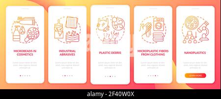 Microplastics sources and types onboarding mobile app page screen with concepts Stock Vector