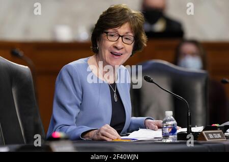 Sen. Susan Collins, R-Maine, speaks during a Senate Health, Education, Labor and Pensions Committee hearing on the federal coronavirus response on Capitol Hill in Washington, Thursday, March 18, 2021. (AP Photo/Susan Walsh, Pool) Photo by Anna Moneymaker/Pool/ABACAPRESS.COM Stock Photo
