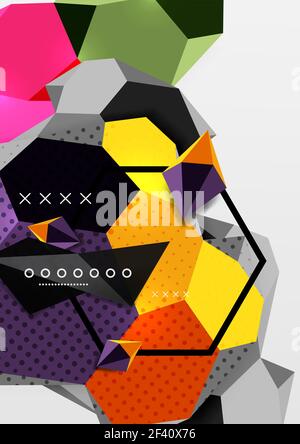 Color 3d geometric composition poster. Color 3d geometric composition poster. Vector illustration of colorful triangles, pyramids, hexagons and other shapes on grey background Stock Vector