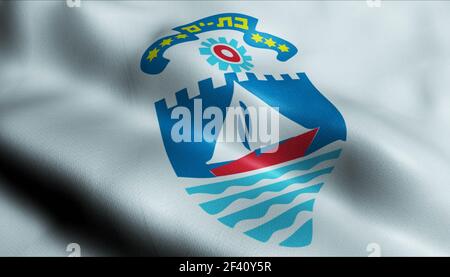 3D Illustration of a waving Israel city flag of Bat Yam Stock Photo