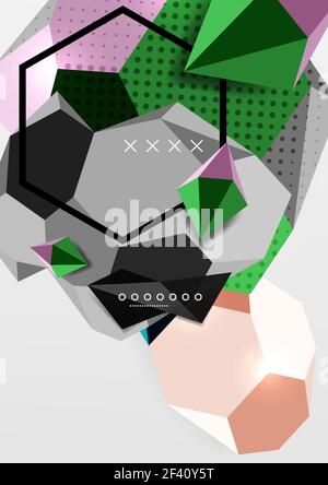 Color 3d geometric composition poster. Color 3d geometric composition poster. Vector illustration of colorful triangles, pyramids, hexagons and other shapes on grey background Stock Vector