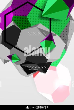 Color 3d geometric composition poster. Color 3d geometric composition poster. Vector illustration of colorful triangles, pyramids, hexagons and other shapes on grey background Stock Vector