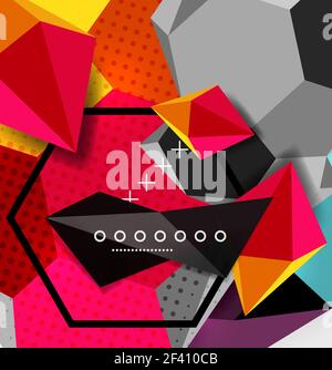 Color 3d geometric composition poster. Color 3d geometric composition poster. Vector illustration of colorful triangles, pyramids, hexagons and other shapes on grey background Stock Vector
