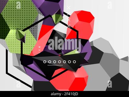 Color 3d geometric composition poster. Color 3d geometric composition poster. Vector illustration of colorful triangles, pyramids, hexagons and other shapes on grey background Stock Vector