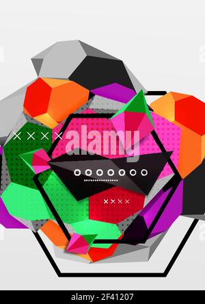 Color 3d geometric composition poster. Color 3d geometric composition poster. Vector illustration of colorful triangles, pyramids, hexagons and other shapes on grey background Stock Vector