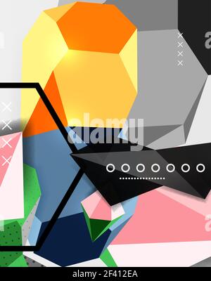Color 3d geometric composition poster. Color 3d geometric composition poster. Vector illustration of colorful triangles, pyramids, hexagons and other shapes on grey background Stock Vector