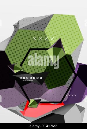 Color 3d geometric composition poster. Color 3d geometric composition poster. Vector illustration of colorful triangles, pyramids, hexagons and other shapes on grey background Stock Vector
