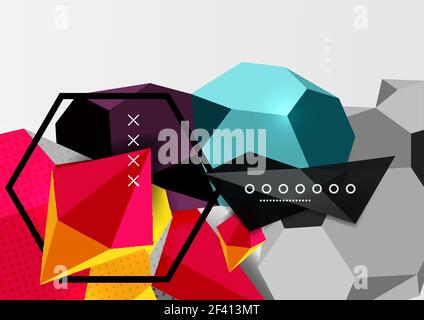 Color 3d geometric composition poster. Color 3d geometric composition poster. Vector illustration of colorful triangles, pyramids, hexagons and other shapes on grey background Stock Vector