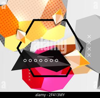 Color 3d geometric composition poster. Color 3d geometric composition poster. Vector illustration of colorful triangles, pyramids, hexagons and other shapes on grey background Stock Vector