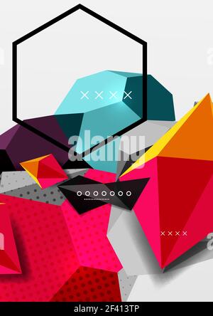 Color 3d geometric composition poster. Color 3d geometric composition poster. Vector illustration of colorful triangles, pyramids, hexagons and other shapes on grey background Stock Vector